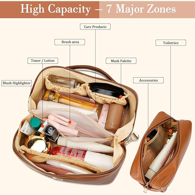 Birthday Gifts for Women Teen Girl, Personalized Initial Makeup Organizer Bag Set, Open Flat Travel Cosmetic Bag With Clear Divider and Handle(Brown,D)
