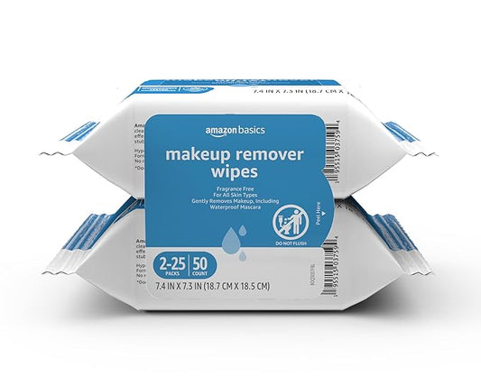 Amazon Basics Makeup Remover Wipes, Fragrance- and Alcohol-Free, Gentle Cleansing, Removes Waterproof Mascara, Dermatologist Tested, 25 Count, Pack of 2 (Previously Solimo)