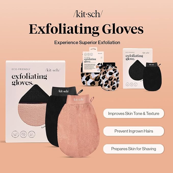 Kitsch Exfoliating Gloves 2pc – Korean Exfoliating Mitt & Deep Exfoliating Body Scrubber for Shower, Bath | Body Exfoliator, Dead Skin Remover | Skin Care for Smooth, Renewed Skin - Black & Terracotta