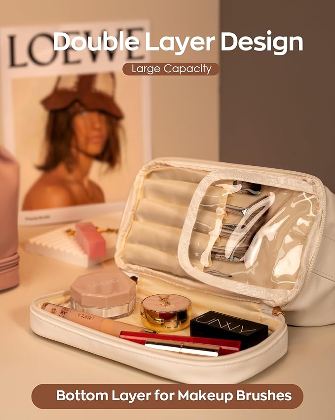 Bridal Gifts, Travel Makeup Bag, Personalized Double Layer Cosmetic Toiletry Bag White Makeup PU Bag Letter Bride Purse Waterproof Portable Zipper Wedding Bridesmaid Gift