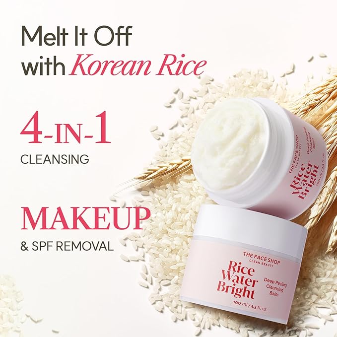 The Face Shop Rice Water Bright Cleansing Balm, Removes Makeup & SPF, 4-in-1 Makeup Remover, for All Skin Types, Korean Rice Extract, Lavender Oil, 100ml / 3.3 fl. oz.