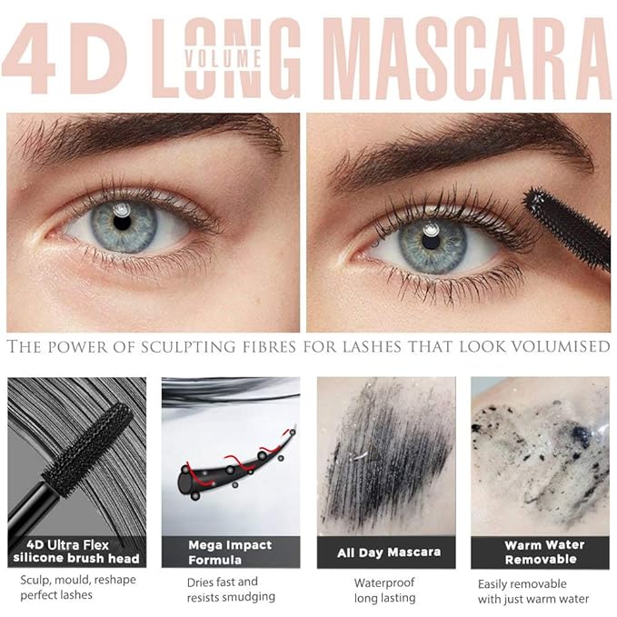 4D Silk Fiber Lash Mascara- Waterproof Mascara Black Volume and Length, Easily to Create Amazing Lashes for Thicker, Long Lasting and Curly Eyelashes