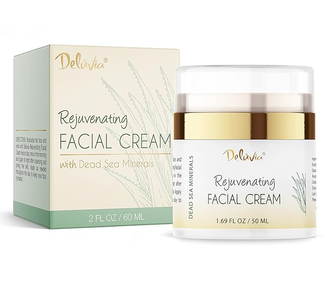 Deluvia Rejuvenating Facial Cream | Organic Aloe Vera, Coconut Oil, Vitamin C + E | Dead Sea Minerals | Daily Face Lotion for Dry Skin, Sensitive Skin