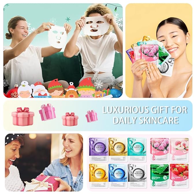 Kaely 10 Pack Variety Sheet Masks, Spa Party Face Masks for Kids Teens Women Men Skincare Set, Girls Night Facial Masks Skin Care, Moisturize Soothe for All Skin Types, Christmas Gifts, Set02