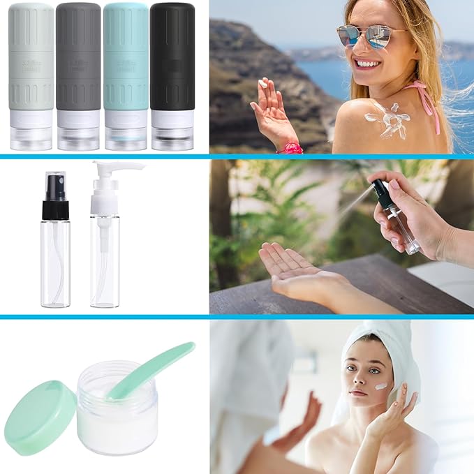 GLAMFIELDS Travel Bottles for Toiletries,TSA Approved 3.3oz Size LeakProof Silicone Toiletry Containers for Shampoo, Conditioner,Easy to Squeeze,Portable Travel Essentials for Lotion(18 Pack) Gray