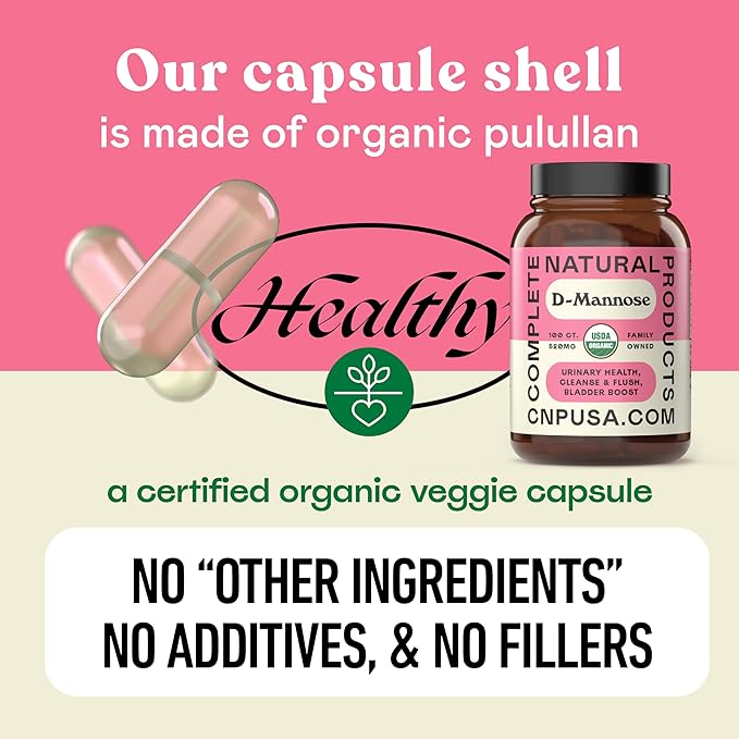 Complete Natural Products Organic D-Mannose Capsules - Pure D-Mannose Pills 100 Count for UTI, Bladder, & Urinary Tract Health