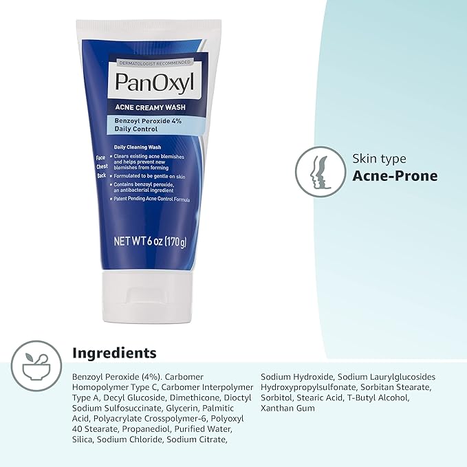 PanOxyl Antimicrobial Hydrating Acne Creamy Wash, 4% Benzoyl Peroxide, 6 Ounce (Pack of 2)