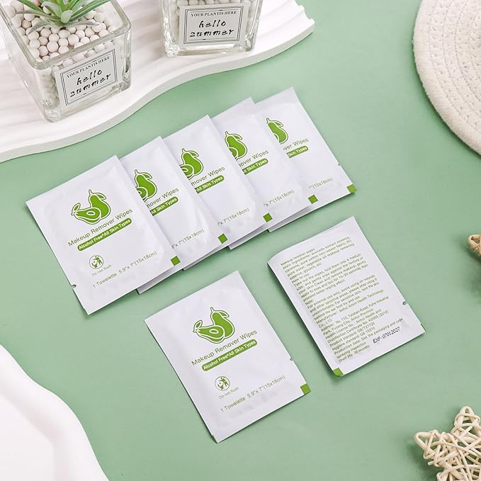 Makeup Remover Wipes Bulk Individually Wrapped,Travel Makeup Wipes Individual Makeup Remover Wipes Bulk Gentle Cleansing Makeup Remover Wipes for Face Cleansing Mascara Lipstick Travel (50, Avocado)