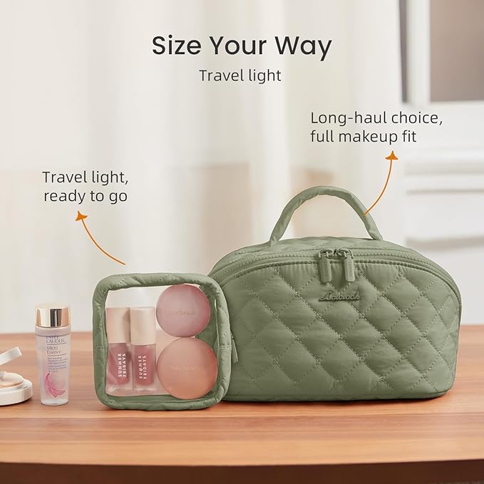 LOVEVOOK Travel Makeup Bag for Women, 2Pcs Set Puffer Waterproof Cosmetic Organizer, Large Capacity Pouch Open Flat Toiletry Bag with Divider & Handle, Portable Gift for Her, Green