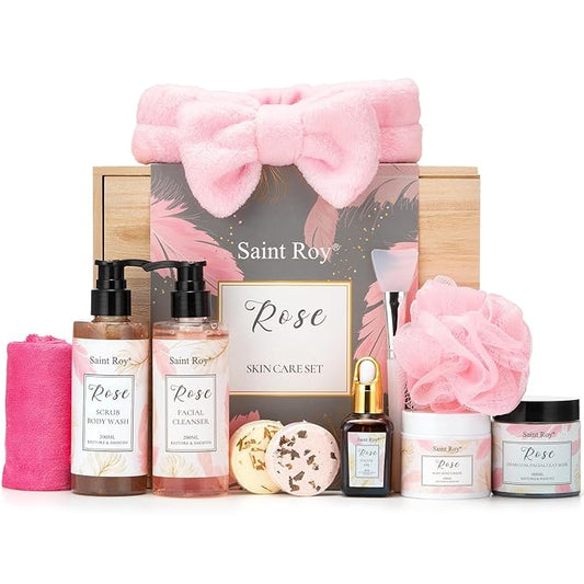 Spa Gifts for Women๏ผ10pcs Self Care Kit ROSE Scented with Facial Cleanser, Scrub Body Wash, Facial Clay Mask, Facial, Essential Oil, Birthday Gifts Skin Care Set, Mothers Day Gifts Ideas