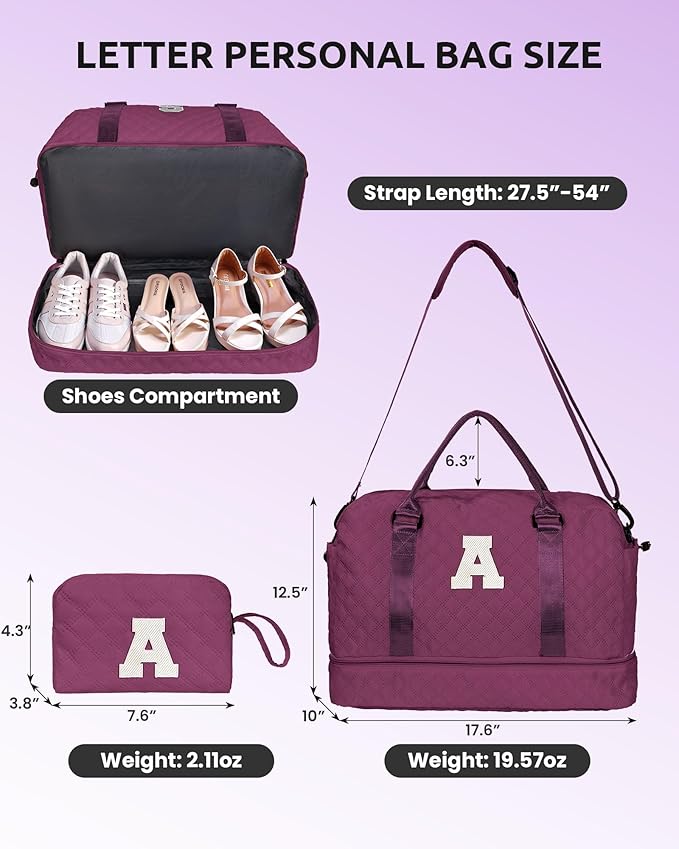 Bride To Be Gifts, Gifts for Women-Initial Travel Bag with Shoe Compartment, Personalized Weekender Bags, Monogram Overnight Bag for Women, Letter Travel Bags with Makeup Pouch (Letter I)