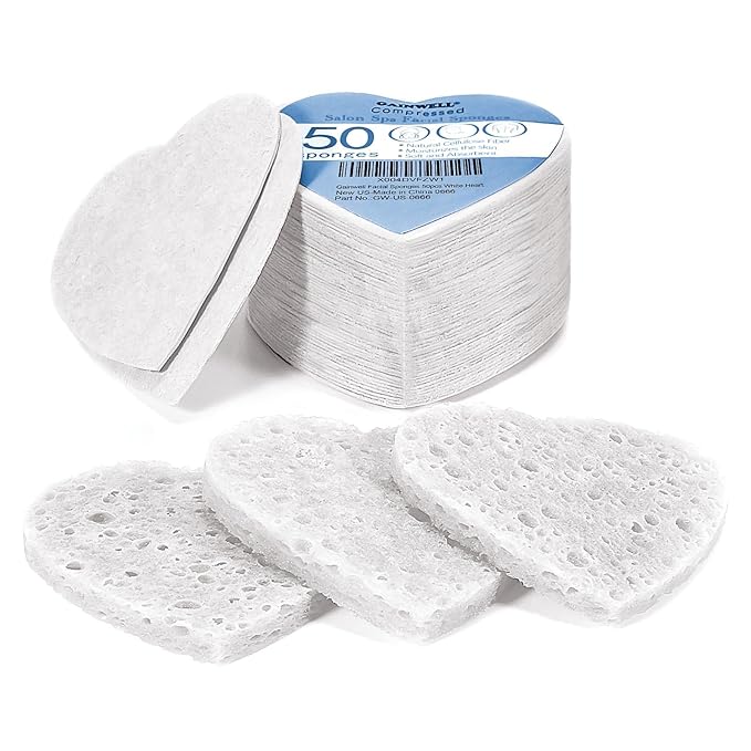 50-Count Heart Shape Compressed Facial Sponges for Daily Facial Cleansing and Exfoliating, 100% Natural Cosmetic Spa Sponges for Makeup Remover, White