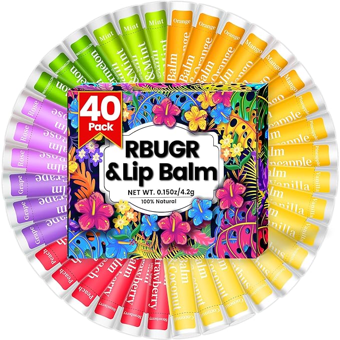 40 Pack of Lip Balm, 12 Flavored Lip Balm in Bulk Natural Lip Balms Set, Beeswax Moisturising & Soothing Lip Balms Bulk Gifts for Women Stocking Stuffers Party Favors(4.2g/0.15oz)