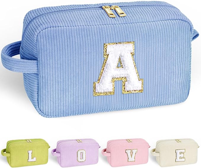 YOOLIFE Travel Makeup Bag Cosmetic Bag - Birthday Gifts for Girls Women Make Up Bag Monogram Cute Makeup Bag Personalized Teen Girl Gift Daughter Friend Birthday Gifts for Women Her Girl Blue Letter A