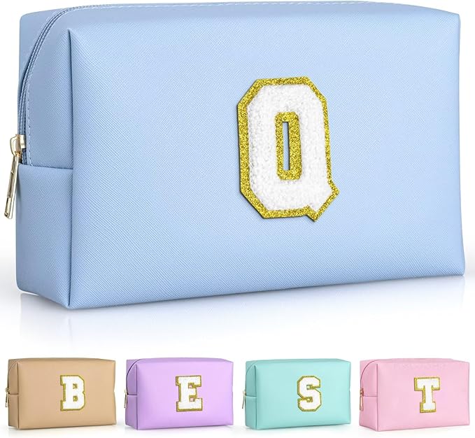 TOPEAST Initial Makeup Bag for Travel, Chenille Letter Pouch Cosmetic Bag, PU Leather Waterproof Toiletry Bag, Personalized Gifts for Bride Bridemaids, Cute Things for Girls (Sky Blue Q)