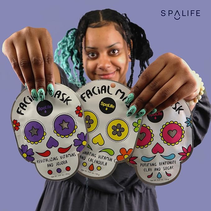 SpaLife Dia de Muertos Facial Mask Variety Pack - 9 Count for Hydrating and Refreshing Skin Care Korean Sheet Masks - Moisturizing Face Mask Sheets for Spa-Like Skin Rejuvenation
