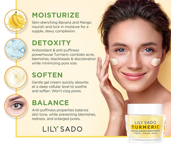 LILY SADO Turmeric Banana Mango Face Moisturizer - Luscious Creamy Nutrient-Rich Natural Daily Facial Cream w Chamomile & Rosemary - Vegan Anti-Aging Lotion For Wrinkles & Fine Lines