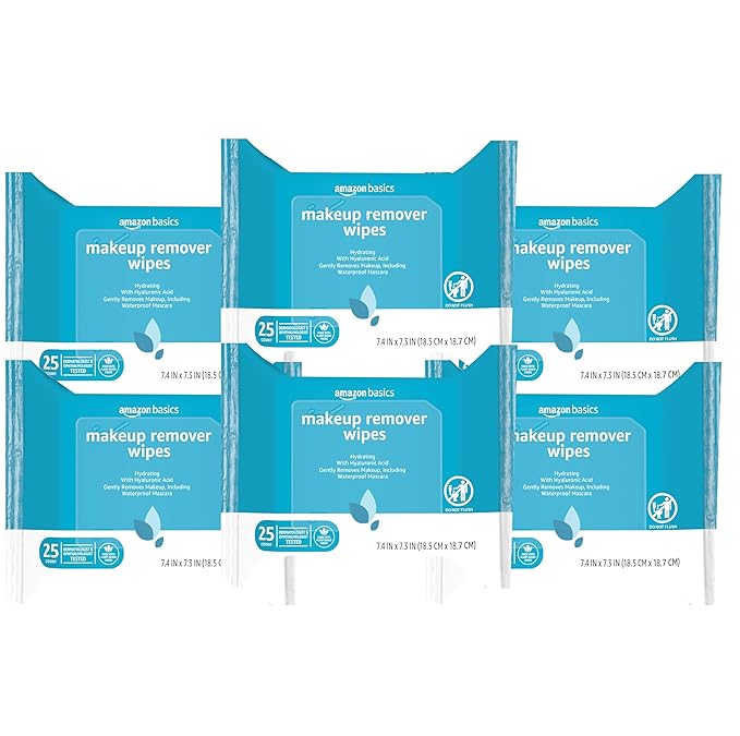 Amazon Basics Makeup Remover Wipes, Gentle Cleansing, Dermatologist Tested, Hydrating, Plant Based, Alcohol Free, Removes Waterproof Mascara, 25 Count Per Pack, Pack of 6 (Previously Solimo)