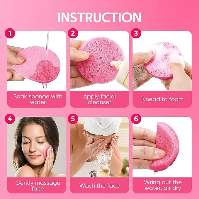 50-Count Compressed Facial Sponges for Daily Facial Cleansing and Exfoliating, 100% Natural Cosmetic Spa Sponges for Makeup Remover, Reusable, Pink