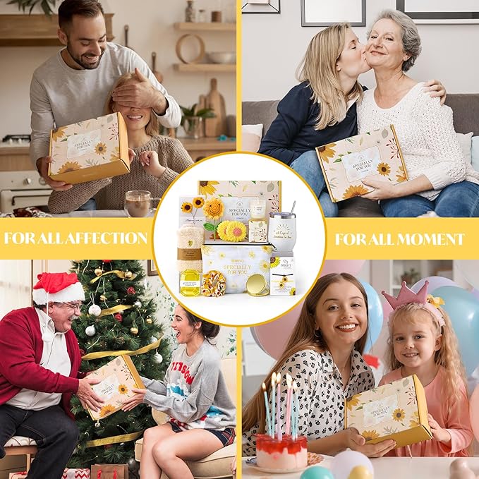 Briney 13Pcs Birthday Gifts for Women, Care Package for Women, Gift Basket, Unique Relaxing Sunflower Themed Present for Mom Wife Sister Best Friend, Yellow