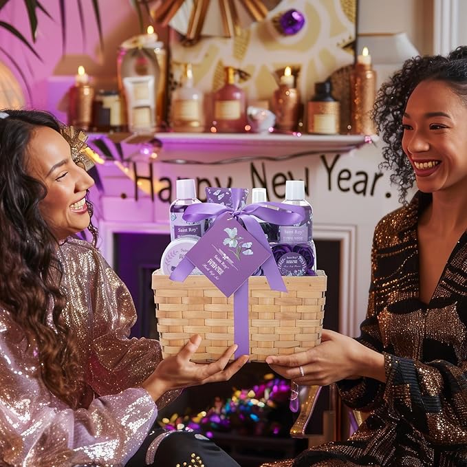 Bath & Shower Spa Basket Gift Set, Floral Perfume Scent, with Shower Gel, Bubble Bath,Body Lotion, Bath and Body Gift Box for Women, Self Care Gifts Basket for Her, Birthday Gifts