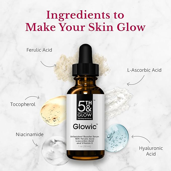 5th & Glow Glowic Anti-Aging Serum for Women – Antioxidant Serum for Face - Contains Hyaluronic Acid and Vitamin C – Reduces the Appearance of Dark Spots, Fine Lines, and Wrinkles, 1 oz