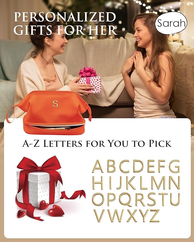 Bridesmaid Gifts for Women, Initial Makeup Bag, Personalized Double Layer Cosmetic Bag with Makeup Brush Organizer, Large Capacity PU Leather Travel Toiletry Bag, Personalized Teacher Gifts