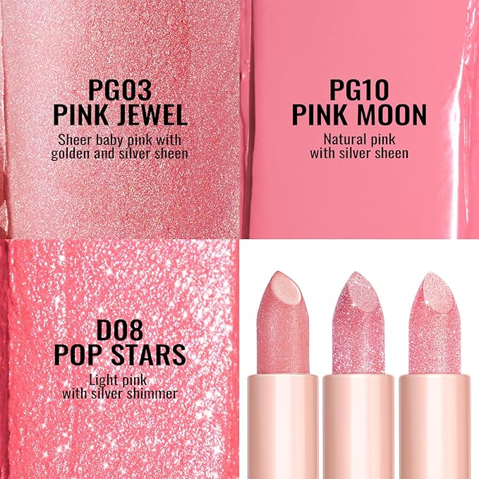 Oulac Moisture Pink Lipstick Set 3PCS - Infinity High Shine Finish, Hydrating Vegan Lipstick Infused with Damask Rose Oil for All-Day Comfort, Gluten-Free, PG03+PG10+D08