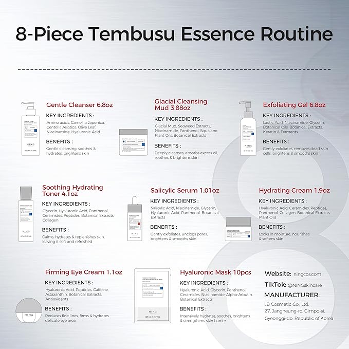 Skin Care Set: 8-Step Tembusu Essence Skincare Kit, Cleansing Hydrating Moisturizing Anti-Aging Gift Sets for Women – Complete Daily Routine for Sensitive, Dry, Oily & Aging Skin