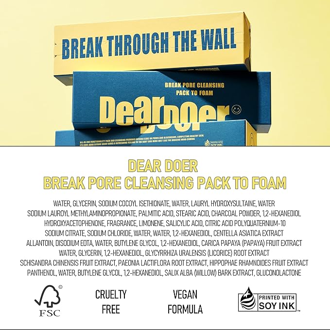 Break Pore Cleansing Pack to Foam โ 3-in-1 Korean Skin Care Wash-Off Mask & Exfoliator & Cleanser w/Charcoal and Salicylic Acid โ AHA, BHA, PHA for Oily, Congested Skin (3.38 fl oz)