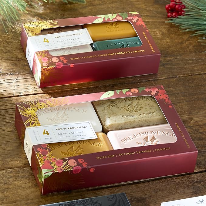 Pre de Provence Heritage Holiday Soap Gift Set/4 - Full Size French Soap Bars - Quad-Milled, Assorted Scents, 4 x 250g