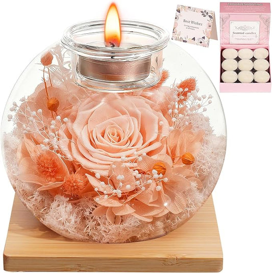 Eternal Preserved Real Rose, Glass Dome Gift Set with 18 Scented Candles (9 Vanilla,9 Lavender), Mother's Day Valentine Christmas Birthday Gift for Women Mom Girlfriend Wife Home Decor (Champagne)