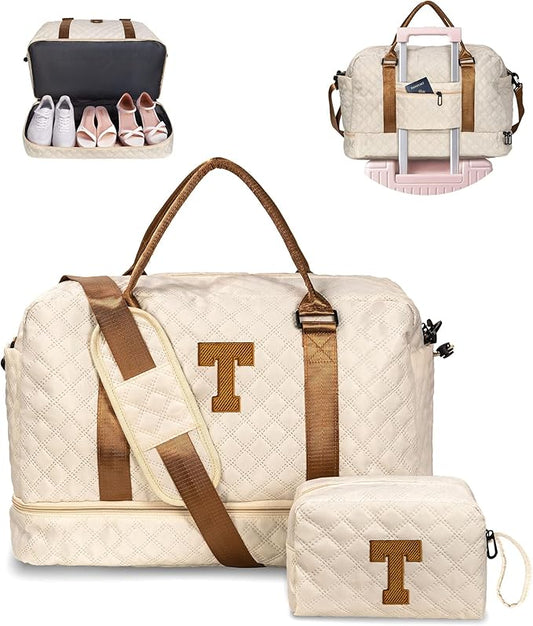 Beach Essentials 11 12 13 14 15 16 17 18 Year Old Girls Gifts-Initial Duffle Bag with Shoe Compartment, Personalized Weekender Bag, Travel Bag with Makeup Bag๏ผBirthday Gift for Her (Letter T)