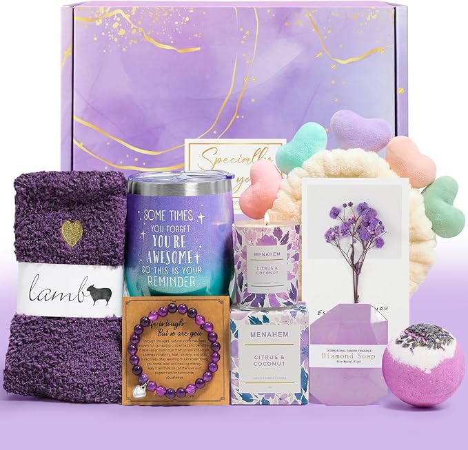 Get Well Baskets for Women, 9pc Happy Birthday Gifts, Lavender Sympathy Care Package Get Well Soon Relaxation Spa Gift Set for Her Mom Wife Girlfriend Bestie Mother Christmas