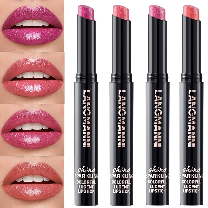 Jolilab 4Pcs Sparkling Lipstick Lip Gloss Long Lasting Waterproof Moisturizer Lip Balm Glitter Shimmer Metallic Lipstick, Diamond Shiny Bold Glow Goth Lipstick for Women Girls,Non-sticky(03+04+09+10