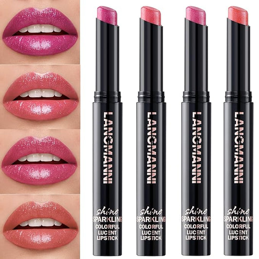 Jolilab 4Pcs Sparkling Lipstick Lip Gloss Long Lasting Waterproof Moisturizer Lip Balm Glitter Shimmer Metallic Lipstick, Diamond Shiny Bold Glow Goth Lipstick for Women Girls,Non-sticky(03+04+09+10