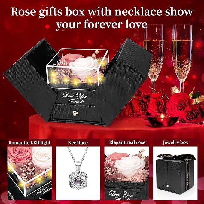2 Preserved Real Rose with Heart I Love You Necklace- Eternal Rose Birthday Gifts for Women Wife Girlfriend Her Mom on Festivals Gifts Christmas Valentines Mothers Day Anniversary-Peach Pink White