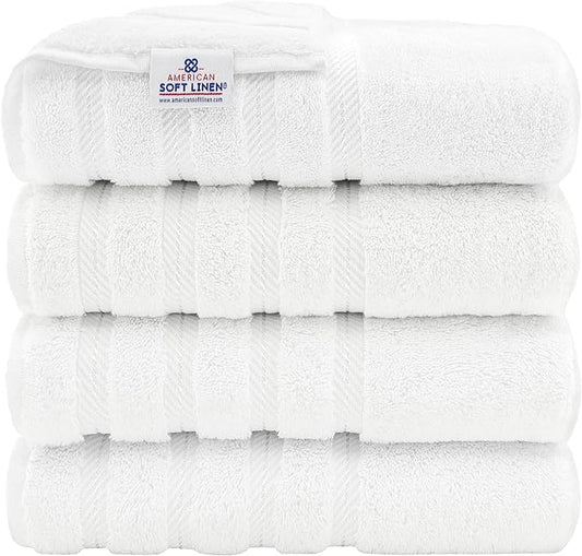 American Soft Linen Luxury 4 Piece Bath Towel Set, 600 GSM 100% Cotton Turkish Bath Towels for Bathroom, 27x54 in Extra Large Bathroom Shower Towels, White