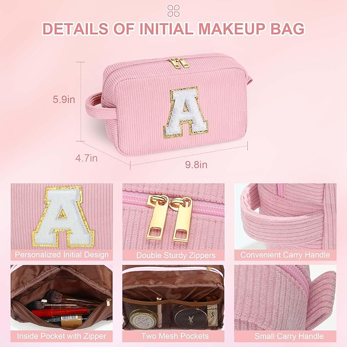 YOOLIFE Personalized Girls Gifts - Girlfriend Gifts Initial Makeup Bags for Girls Cosmetic Bag with Brush Pouch Small Makeup Bag Unique Girlfriend Aunt Best Friend Birthday Gifts for Women Letter L