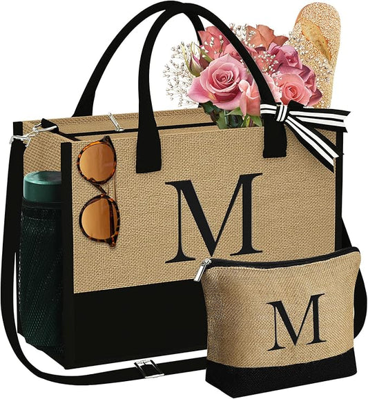 YOOLIFE Personalized Gifts for Women - Initial Jute Tote Bag & Makeup Bag, Birthday Gifts for Women Mom Wife Teacher Friend