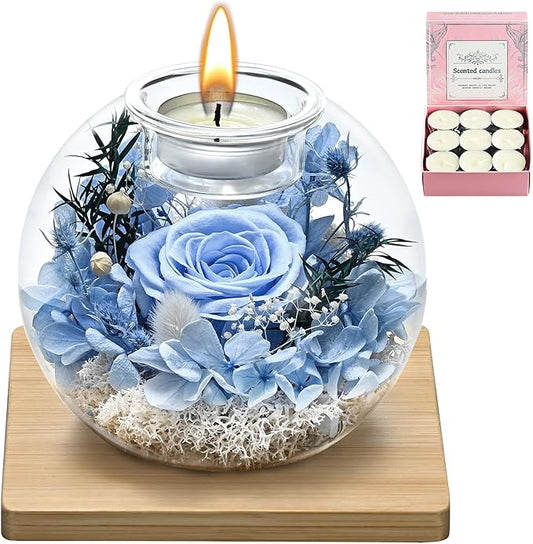 Birthday Gifts for Women,Eternal Preserved Real Rose with 18 Scented Candle Set(Bergamot+Jasmine),Preserved Rose in Glass Dome,Christmas Valentine Mothers Day Gifts for Her Mom Girlfriend,Home Decor