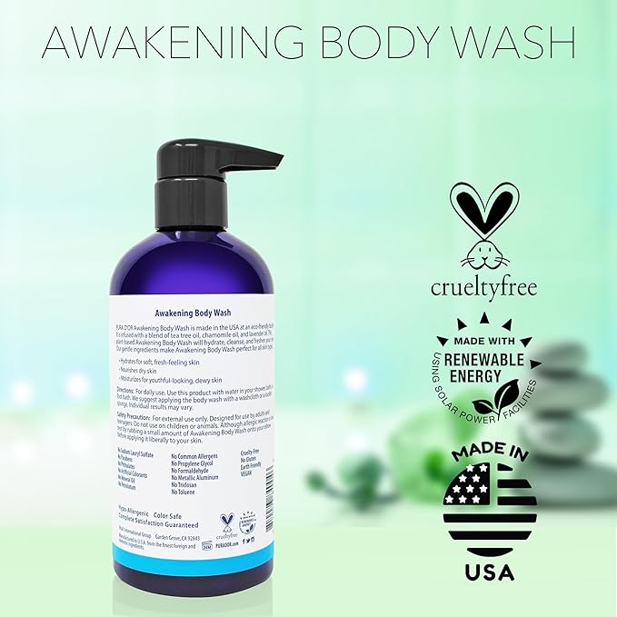 PURA D'OR Awakening Body Wash (16oz x3 = 48oz) Aloe Vera, Chamomile, Lavender, Tea Tree for Invigorating Earthy Scent, pH Balanced for Moisturized Soft, Fresh-Feeling Skin, All Skin Types, Men & Women