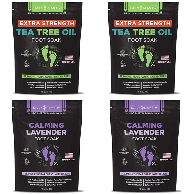 DAILY REMEDY 4-Pack - 2 Extra Strength Tea Tree Oil & 2 Calming Lavender Foot Soak Set - Made in USA - Soothes Sore Tired Feet, Athletes Foot, and Softens Calluses - 64 oz