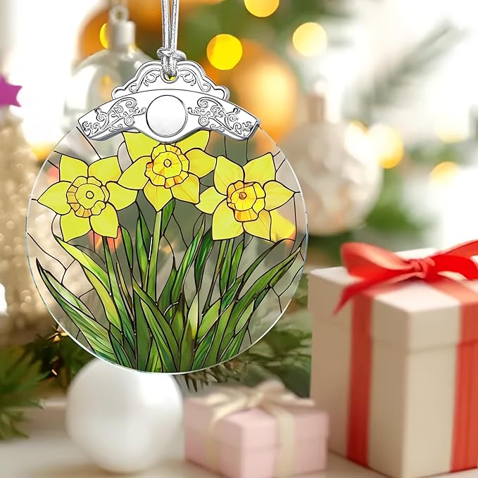 Christmas Ornaments: Stained Glass-Style March Birth Flower Ornament โ Christmas Tree Decorations, Holiday Party Gifts, Mother's Day & Birthday Gifts for Women, Mom & Grandma | Birth Flower Gift