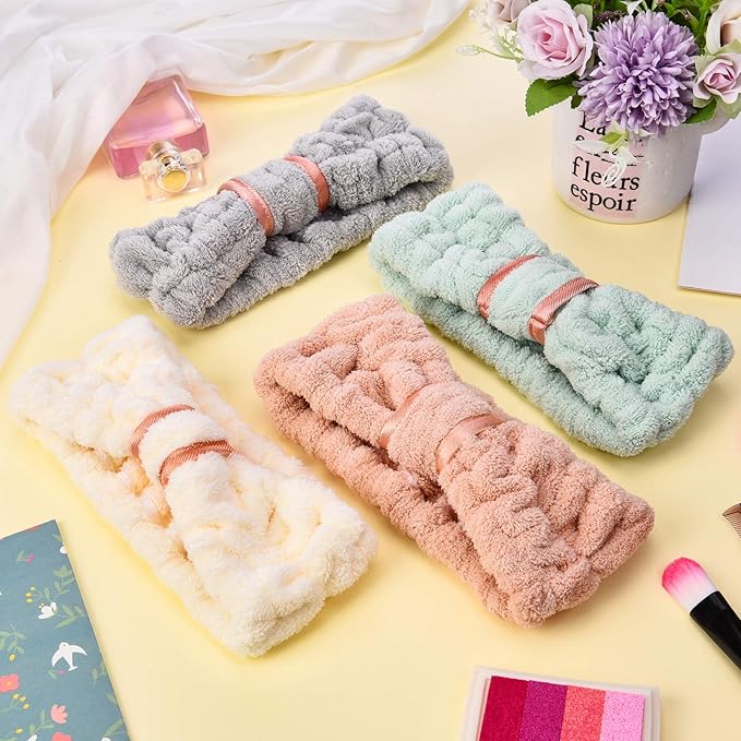 WILLBOND 4 Pack Microfiber Headbands Spa Facial Headbands Makeup Head bands Elastic Terry Cloth Head Wrap for Women Girls Washing Face Makeup Shower Yoga Sports(Pink, Green, White and Grey)