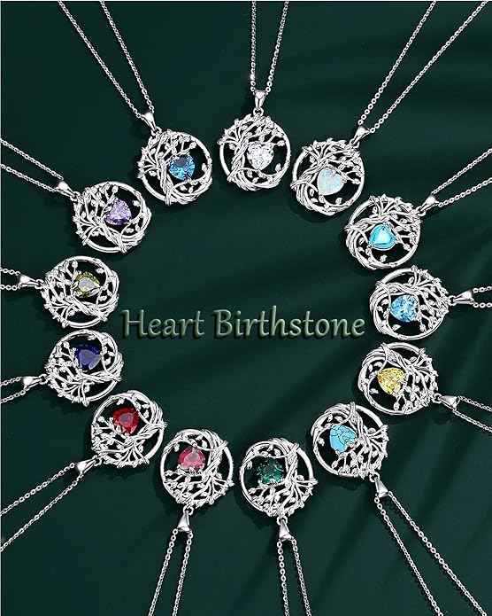 FANCIME Tree of life Birthstone necklace Sterling Silver Pendant Birthstone Necklace Gemstone Anniversary Birthday Jewelry Christmas Gifts for Mom Her Wife