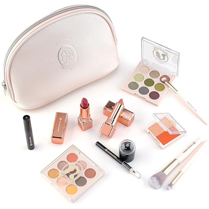 Color Nymph All In One Makeup Kit For Teens Girls | Starter Make up Set With Cosmetics Bag | Included Eyeshadow Blush Lipstick Lip Pencil Eye Pencil Brush Mascara | Travel Makeup Bag Design( White )