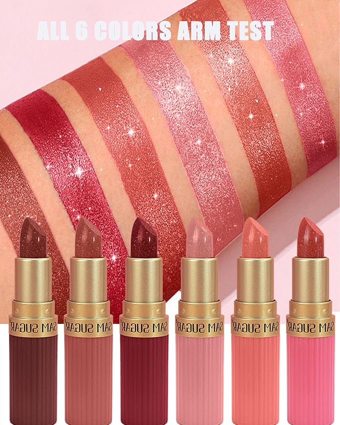 Sparkling Glitter Lipstick Set,6 Pcs Shimmer Nude Pink Brown Dark Rose Red Lip Gloss for Women Long Lasting Waterproof Metallic Diamond Shiny Lipstick Non-Stick Lipgloss Lip Color labiales Makeup Gift