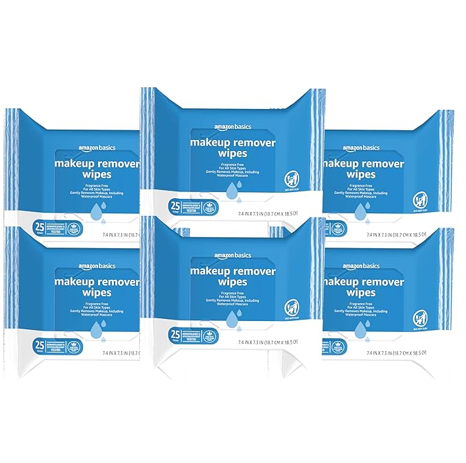 Amazon Basics Makeup Remover Wipes, Fragrance- and Alcohol-Free, Gentle Cleansing, Removes Waterproof Mascara, Dermatologist Tested, 25 Count, Pack of 6 (Previously Solimo)