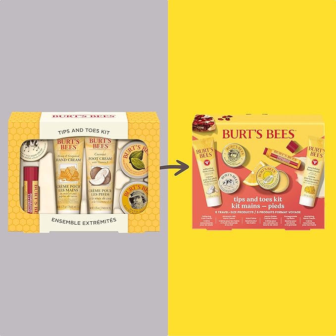 Burt's Bees Back to School Gift Ideas, Tips and Toes Kit, 6 Travel Size Products - Pomegranate Moisturizing Lip Balm, 2 Hand Creams, Foot Cream, Cuticle Cream, and Hand Salve